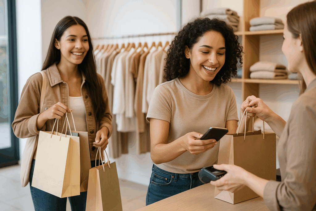 Young shoppers using phone for BNPL payment