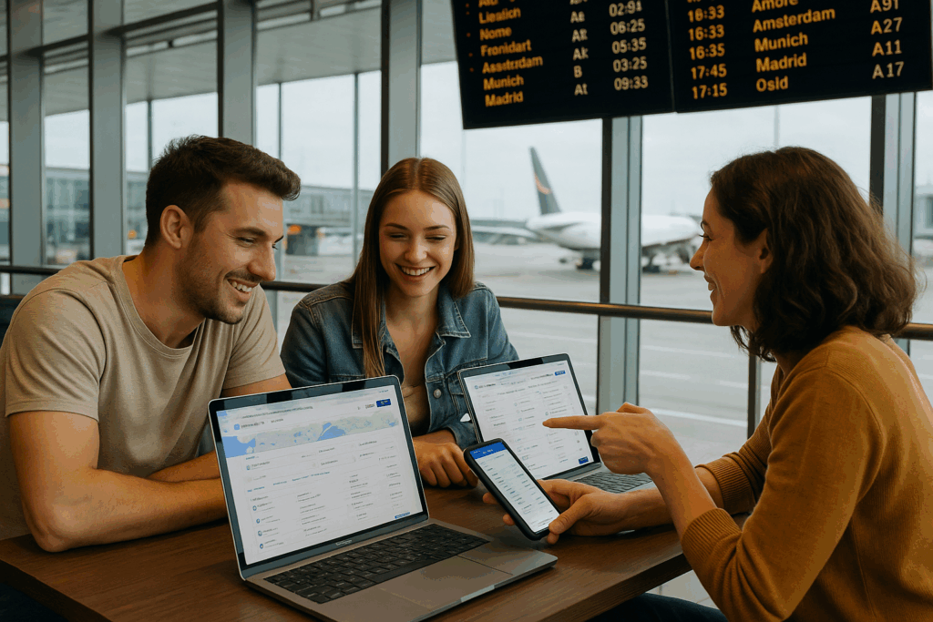 Travellers comparing flight prices on laptops.