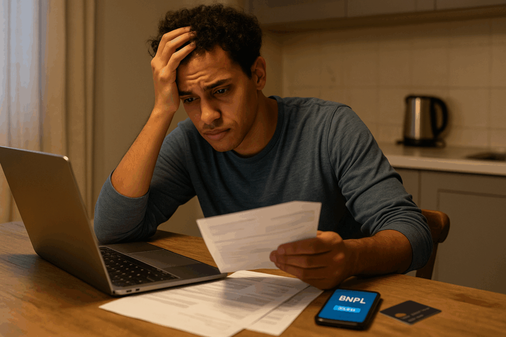 Stressed person reviewing bills after late payments