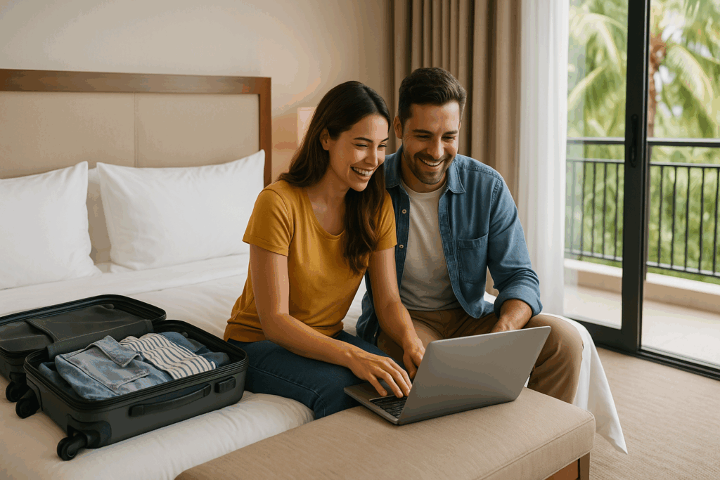 Couple booking last-minute hotel deals online