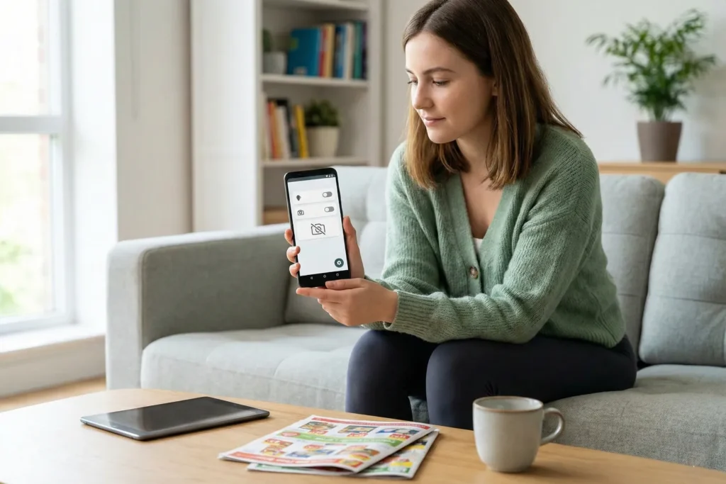 A woman checks her smartphone on a sofa as she uses a privacy app to find deals without email. The screen shows app permissions turned off, and her living room looks bright and comfortable.