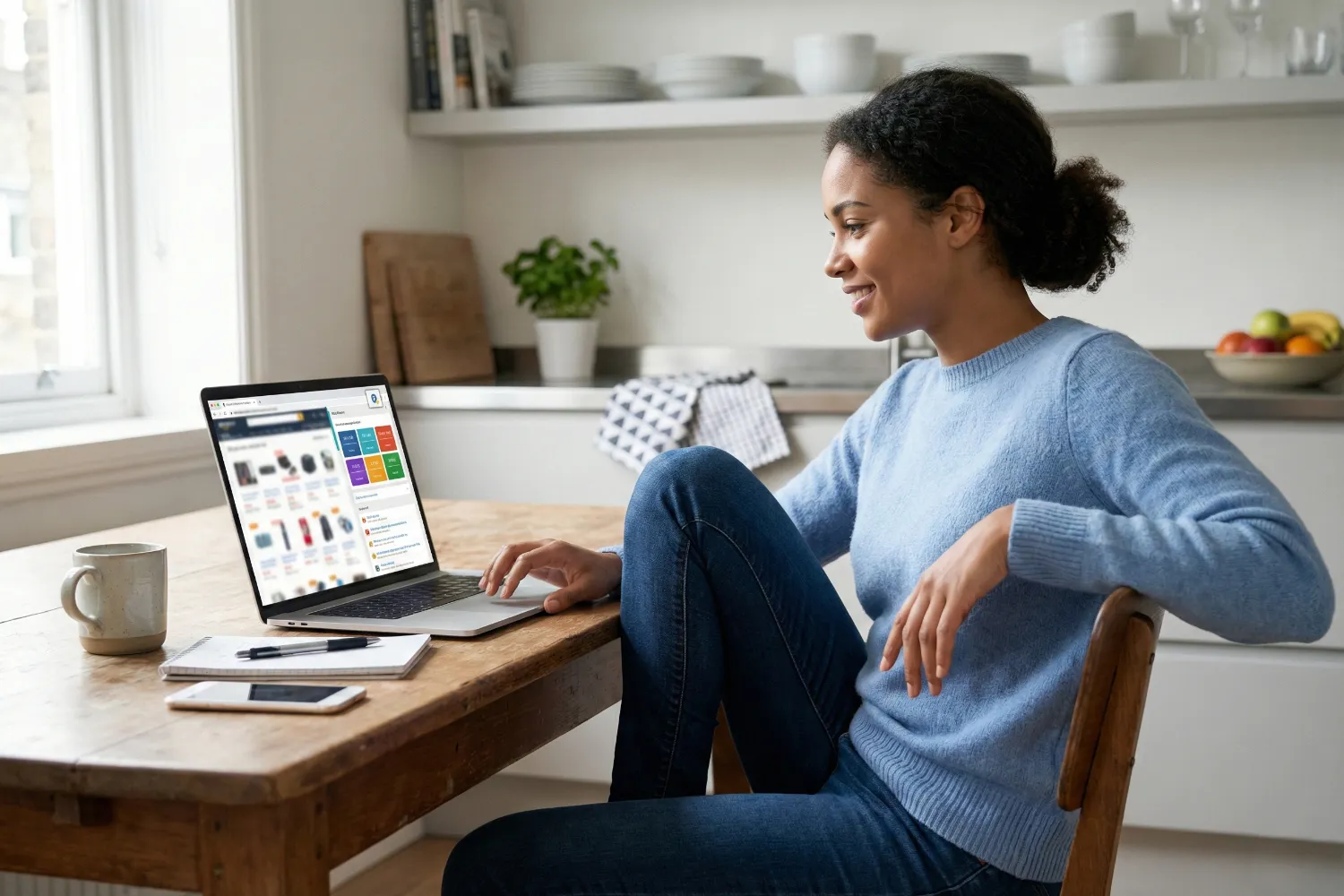 A woman shops on her laptop at a bright kitchen table as she tries to find deals without email. The screen shows discount pages and a deal forum, and her phone and coffee mug sit beside her.