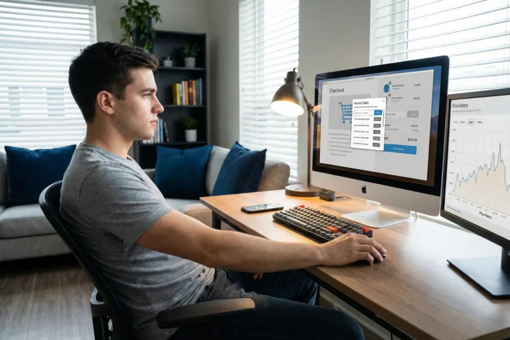 A man sits at his desktop computer as he compares promo codes and checks a price history chart to find deals without email. The checkout page and discount tool are open on his screens, and his living room looks modern and comfortable.