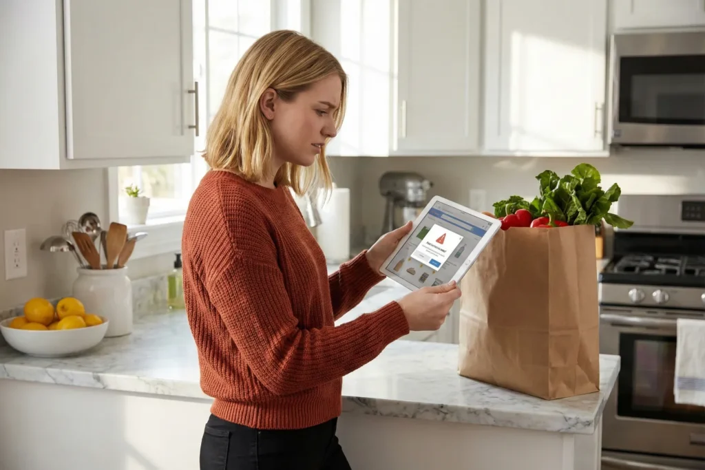 A woman stands at her kitchen counter and reviews app permissions on a tablet before using a coupon tool. Fresh groceries sit beside her, and sunlight fills the modern kitchen.