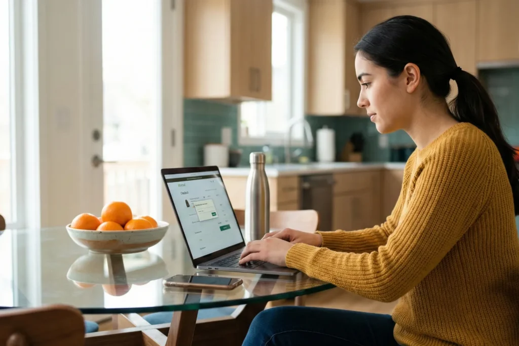 A woman types a promo code into a checkout page on her laptop to find deals without email. A discount box is open on the screen, and a bowl of oranges and her phone sit on the glass table beside her.