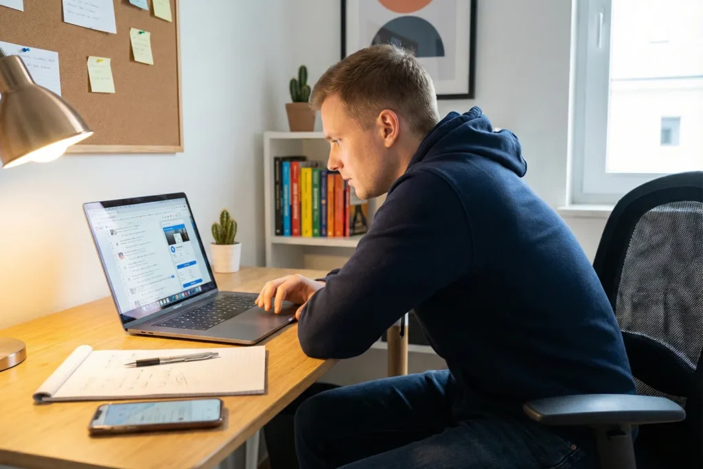 A man scrolls through a Reddit forum on his laptop to find deals without email. The screen shows community posts about promo codes, and his desk holds a phone and notepad in a bright home office.