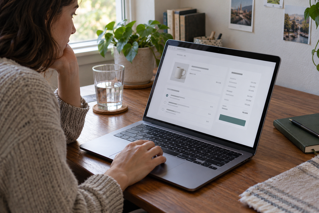 Shopper reviews delivery charges before completing an online order.