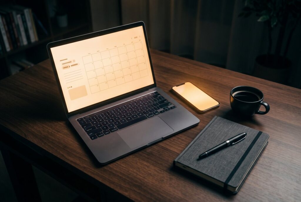 A realistic, cinematic top-down photograph captures a meticulously organized workspace on a dark polished wood desk, adhering to the moody, low-key lighting seen in previous images. A slightly open silver laptop and a sleek smartphone, both with screens emitting a soft amber glow, sit next to a black ceramic coffee cup and a linen notebook with a pen.