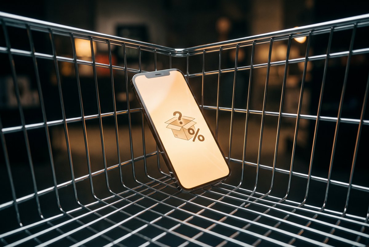 A cinematic macro photograph captures a sleek smartphone resting alone in the corner of a metal shopping cart's wire mesh, radiating a soft, amber light. The screen displays a minimalist graphic of an open box and a '%' symbol, which symbolizes a digital offer, with warm, deep shadows defining the scene.