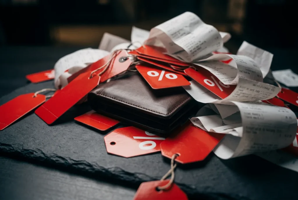 A realistic cinematic still-life photograph set in a moody, dimly lit environment. A premium leather wallet on a dark, textured slate surface is almost completely buried under a cascading, chaotic avalanche of glossy red retail price tags and tangled thermal paper receipts, representing the overwhelming quantity and hidden clutter of chasing every discount.