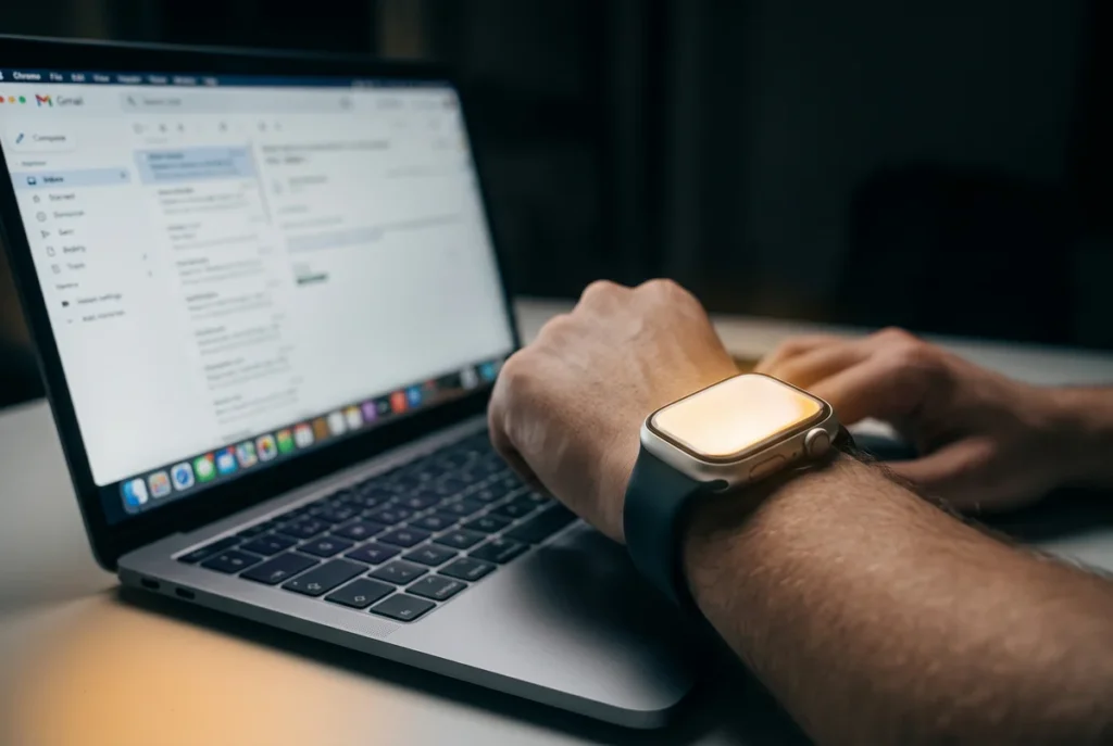 A cinematic close-up photograph features a silver smartwatch with a dark band on a person's wrist, resting on a dark wood surface next to a laptop keyboard. The smartwatch screen emits a soft, warm amber glow, while the laptop screen is slightly blurred in the background.